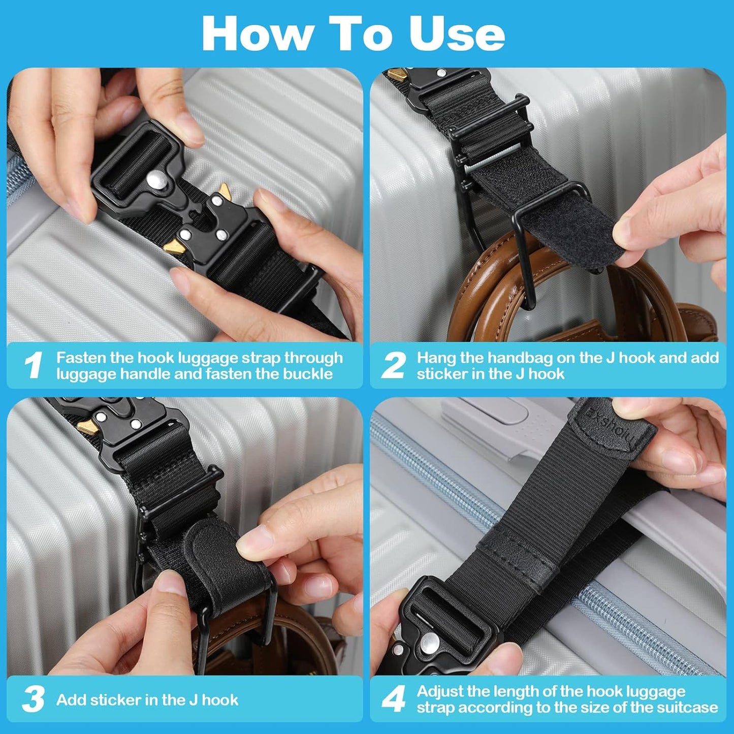 Luggage Hook Strap, J Hook Luggage Strap Flight Attendant with Hands Free, Adjustable Travel Luggage Straps for Add a Bag Hook (Black-2PCS)