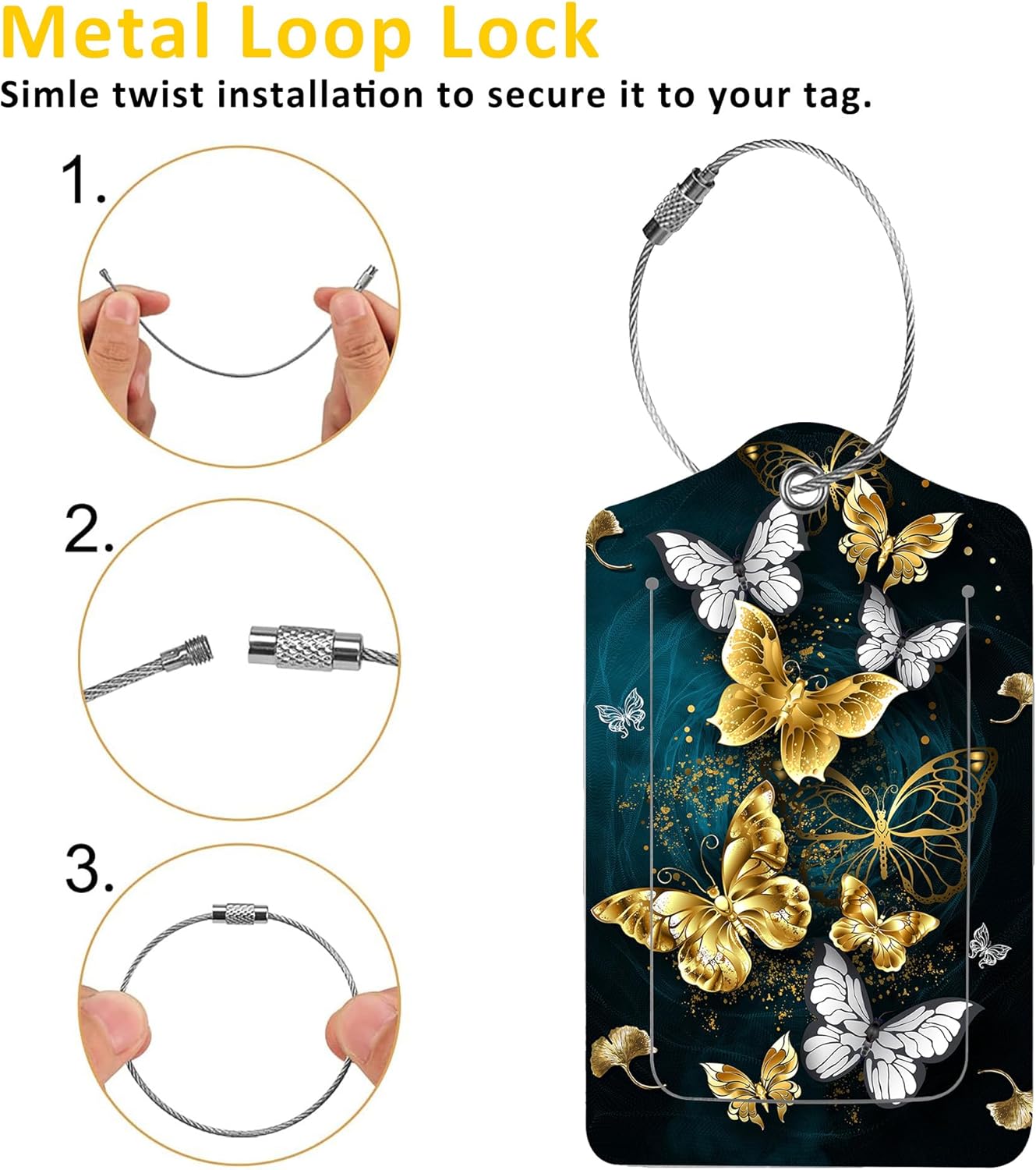 2 Pack Luggage Tag for Suitcase,Colorful Butterflies PU Leather Suitcase Tags Identifiers with Privacy Name Address Labels and Durable Steel Loop for Women Men Travel