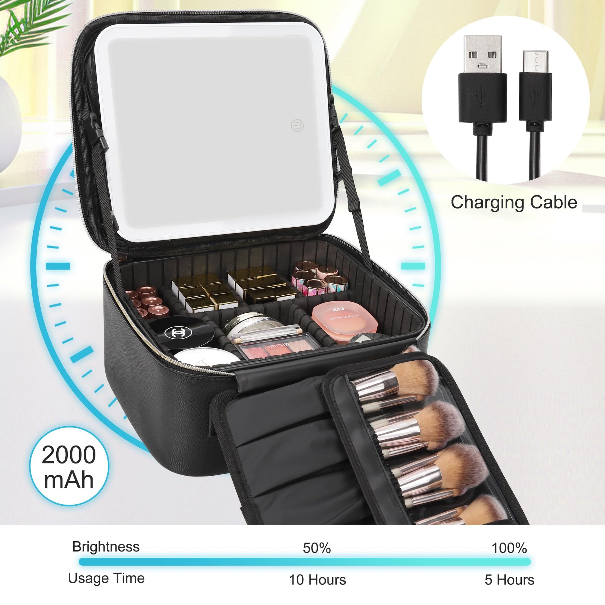Relavel Travel Makeup Bag With LED Mirror, Cosmetic Train Case with Light up Mirror, Portable
