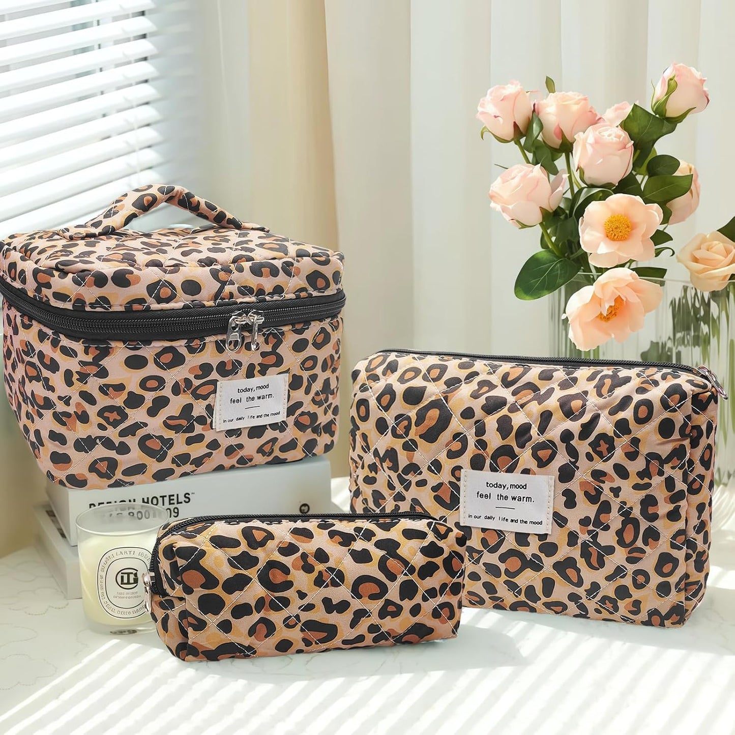 Quilted Makeup Bag, Large Capacity Travel Cosmetic Bag for Women and Girls, Aesthetic Storage for Daily and Travel Use (3pcs-Classicleopard)