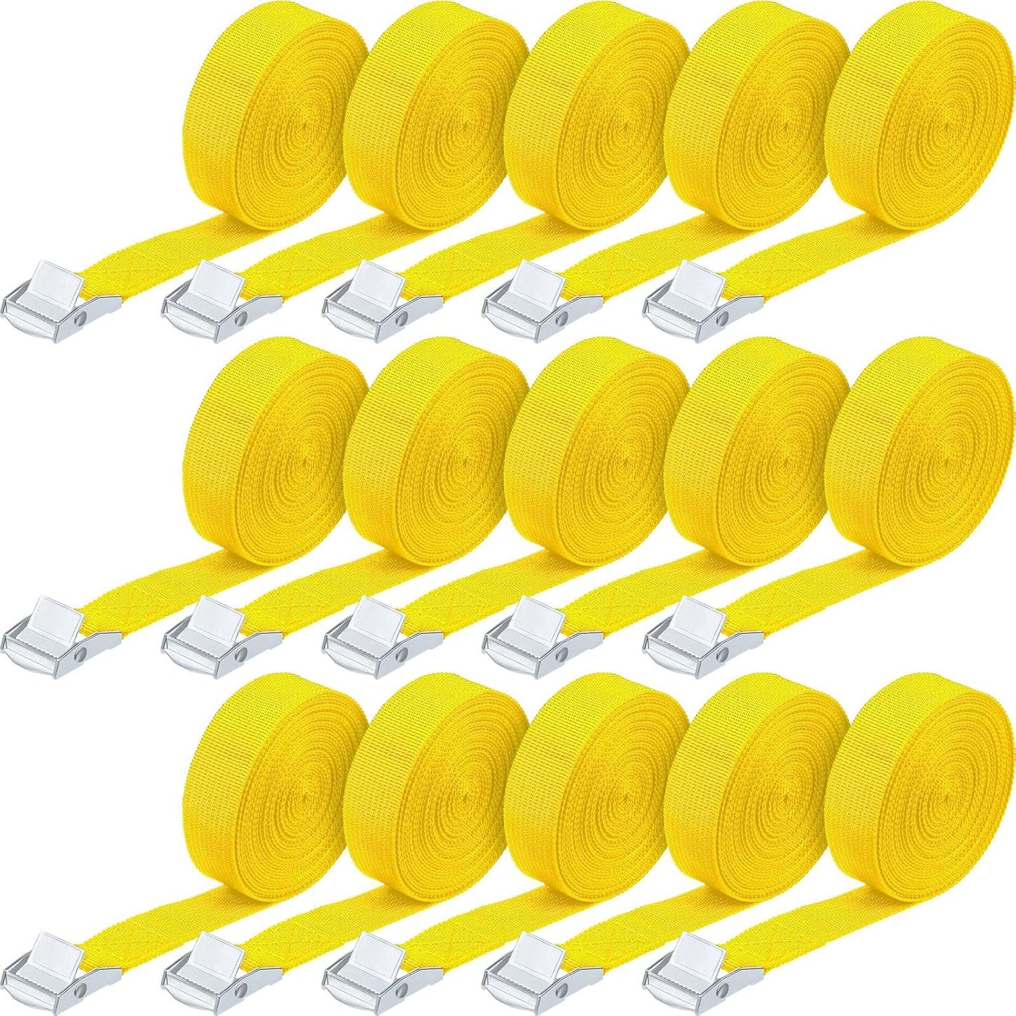 Riakrum 15 Pack 16 Feet Lashing Straps Adjustable Kayaks Tie Down Cam Buckle Straps with Buckles up to 250lbs for Cargo, Luggage, Motorcycles, Truck, Car Roof Rack, Sup Surfboard(Yellow)
