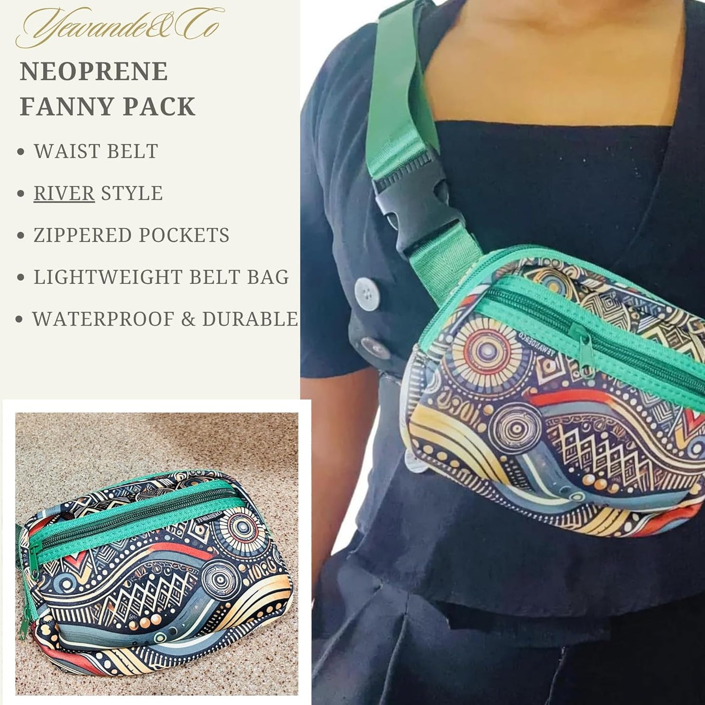 Yewande&co Neoprene Fanny Pack Belt Bag – Lightweight Waterproof Waist Bag with Adjustable Strap, 3 Zippered Pockets, Crossbody Belt Bag for Travel, African Design Crossbody Bags (River)