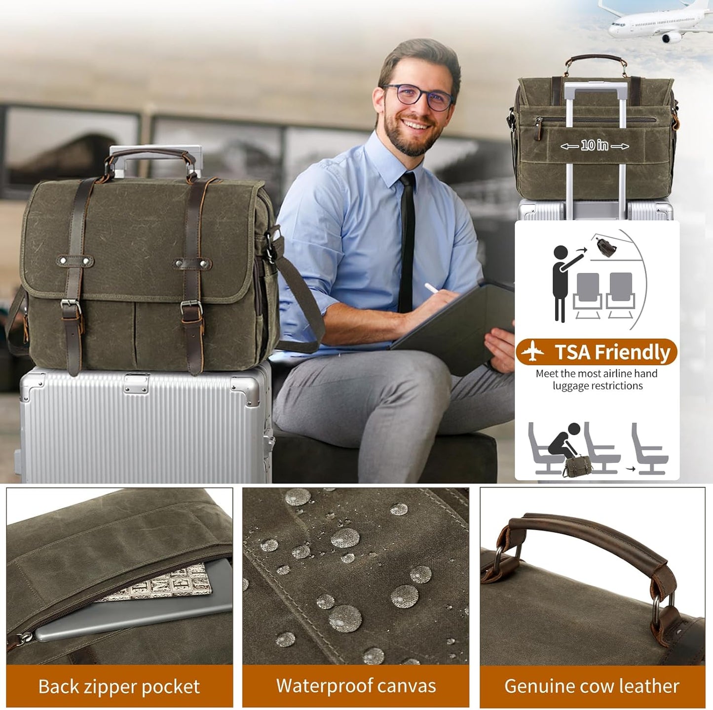 Wogarl 15.6" Messenger Bag for Men: Leather Waxed Canvas Briefcase Large Computer Laptop Bag Handbags Crossbody Bags for Work