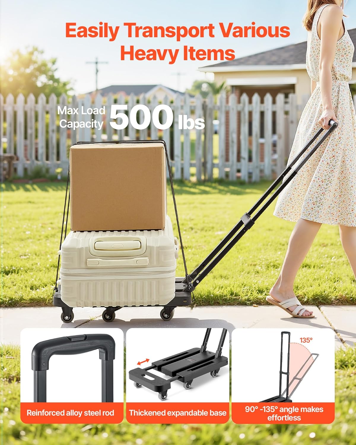VEVOR Folding Hand Truck, 500 lbs Load Capacity, Collapsible Luggage Cart with 6 Wheels, 2 Elastic Ropes & Expandable Base, Utility Dolly Platform Cart for Airport Travel Luggage Office Moving, Black