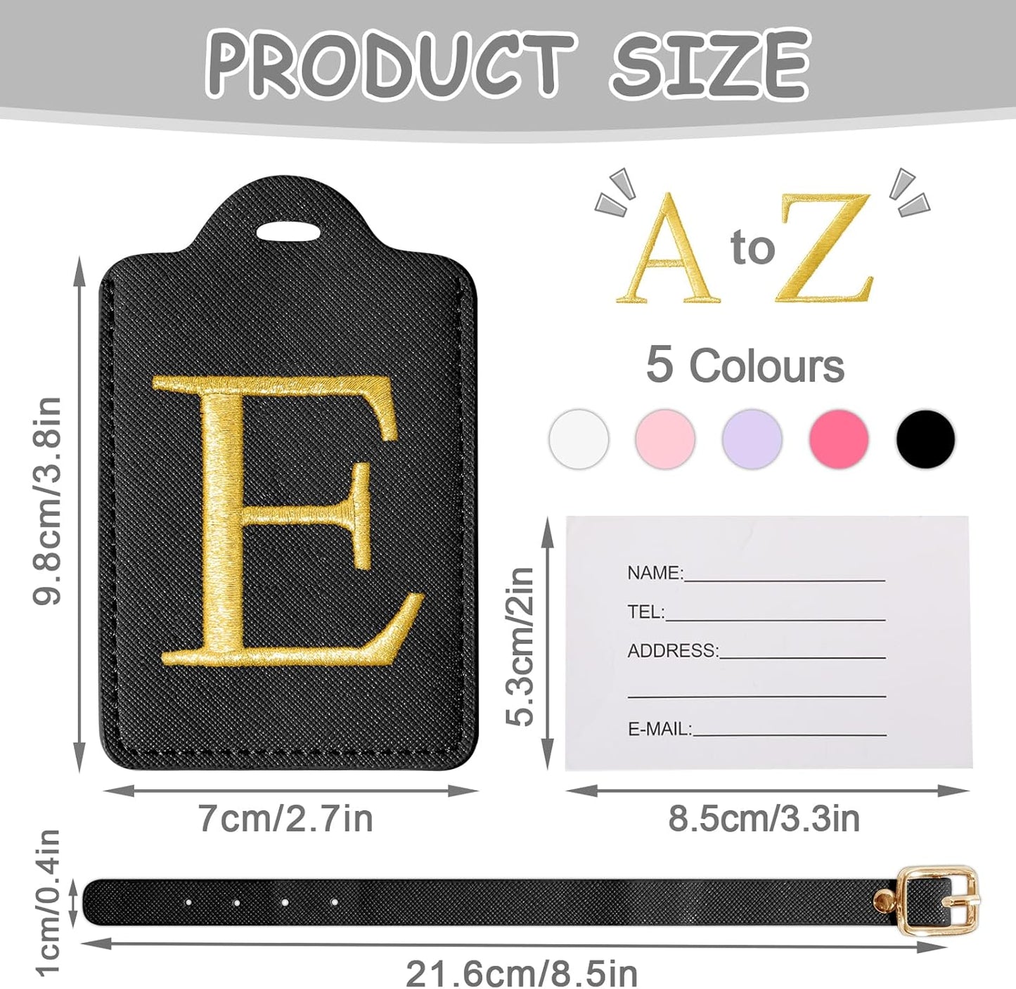 Initial Luggage Tags for Suitcases, Cute Embroidered Letter Luggage Bag Suitcase Identifier Name Baggage Tag, PU Leather Travel Luggage Tags, Bag Tags for Men Women Kids Luggage Handbags(Black E)