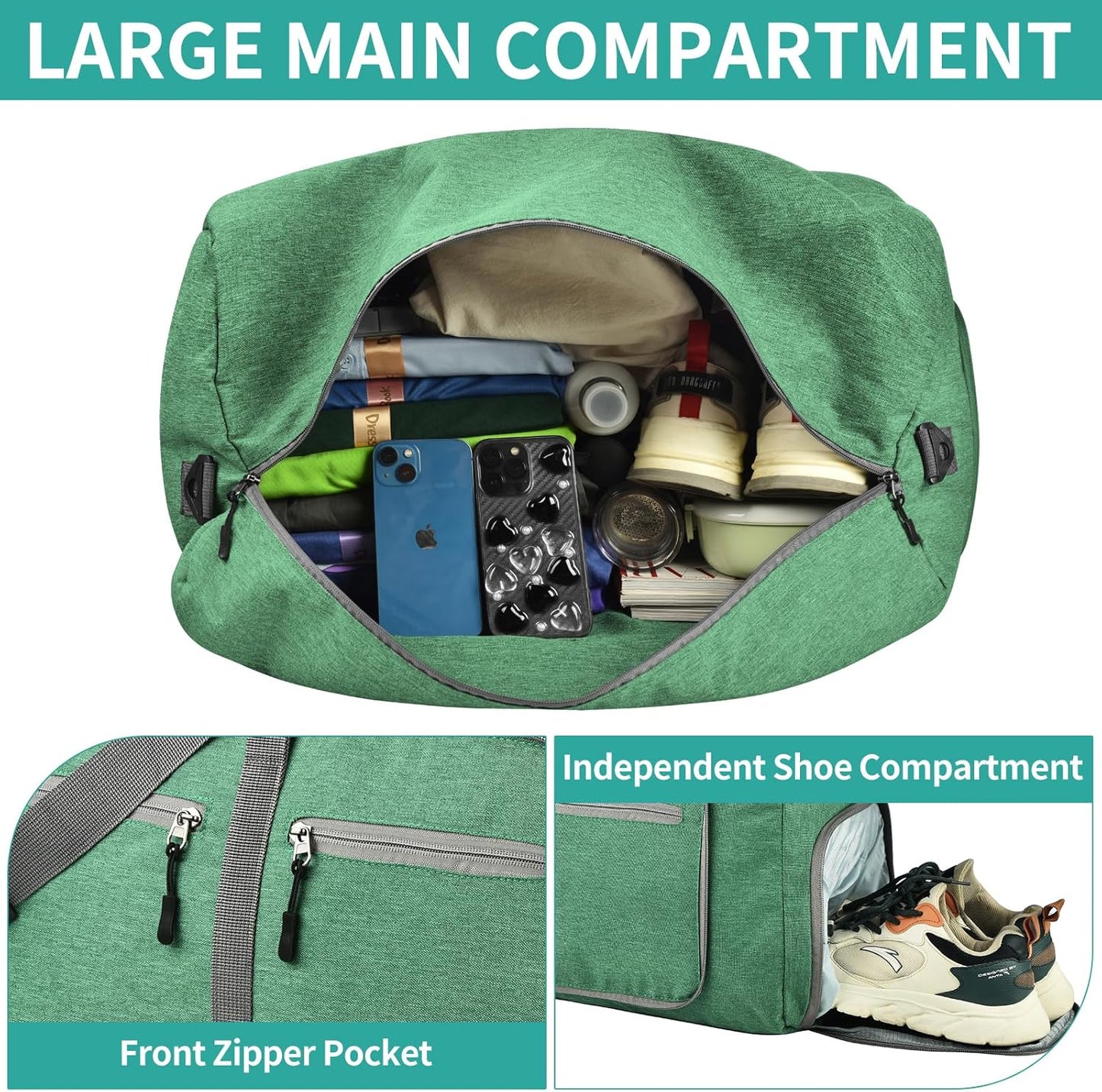 Dimayar 65L Travel Duffle Bag for Men Women - Foldable Duffel Bag with Shoes Compartment - Overnight Bags Waterproof & Tear Resistant(Forest Green)