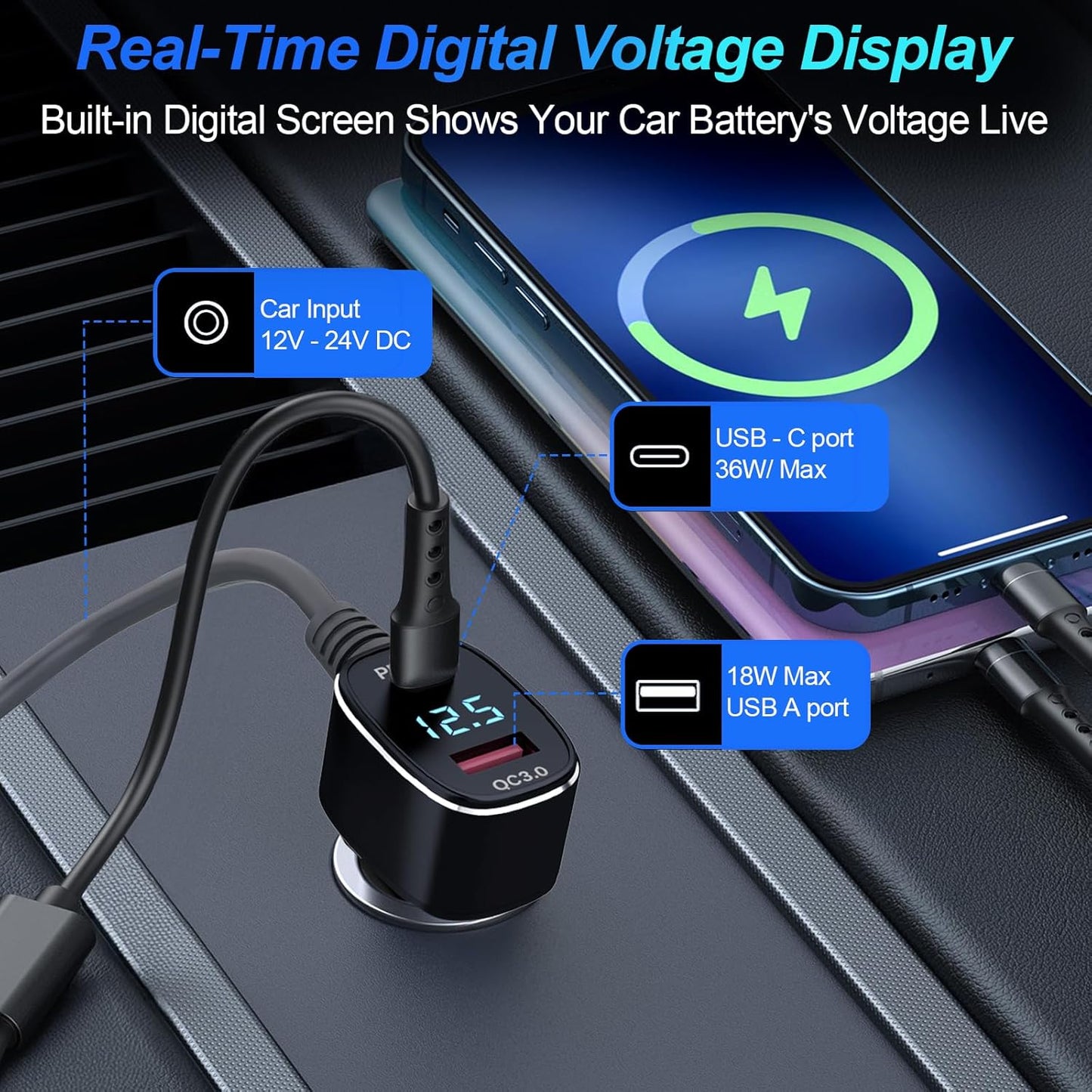 Starlink Mini Cable 3 in 1 DC Power Cable Aluminium Alloy Cigarette Lighter Adapter 12V-48V with Digital Display, Durable USB C PD 40W and USB A 35W Ports for Cars,Yacht, Trucks and RVs etc(10FT)