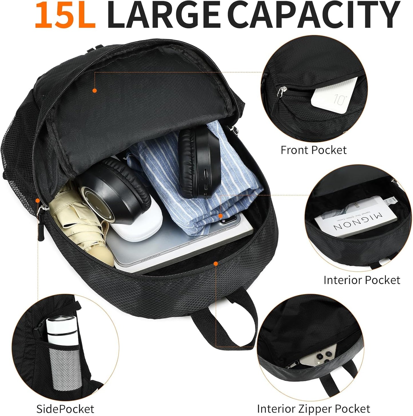 Small Hiking Backpack 15L Travel Lightweight Hiking Packable Daypack Water-Resistant Foldable