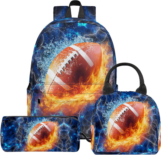 3Pcs Football Backpacks for Boys Girls, Kids Backpack with Lunch Bag Pencil Case, 17 Inch Backpack Set Large Capacity Bookbag School Bag for Teen Elementary Middle High School