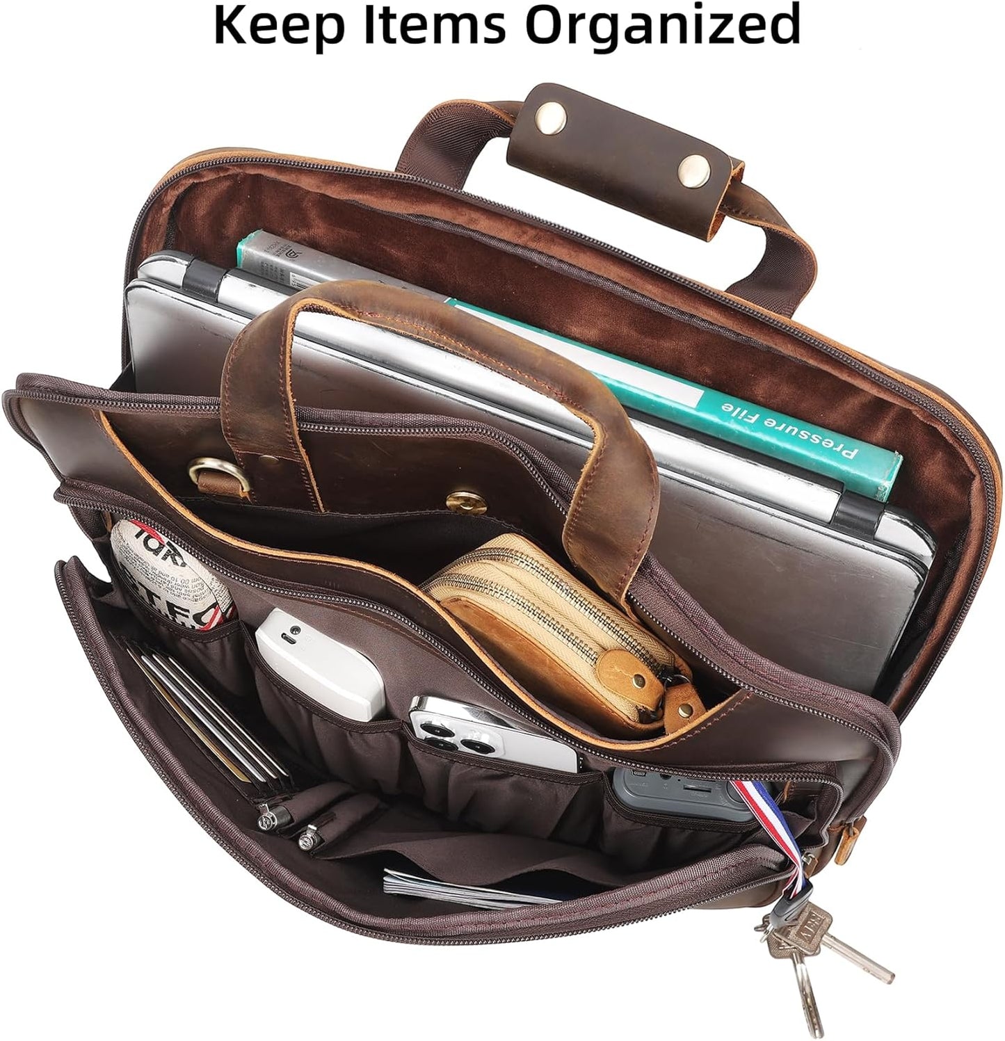 Masa Kawa Leather Laptop Briefcase for Men Fits 15.6" Computer Slim Crossbody Shoulder Messenger Bag Attache Case for Business Work, Vintage Brown