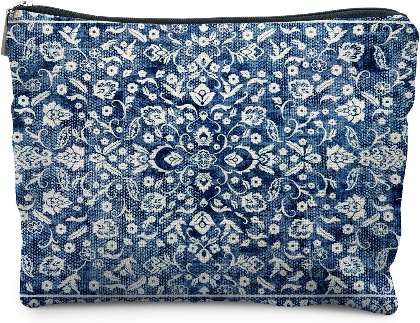 Vintage Blue Chinoiserie Floral Makeup Bag, Blue and White Flower Cosmetic Bags for Women, Retro Grandmillennial Indigo Floral Zipper Makeup Pouch