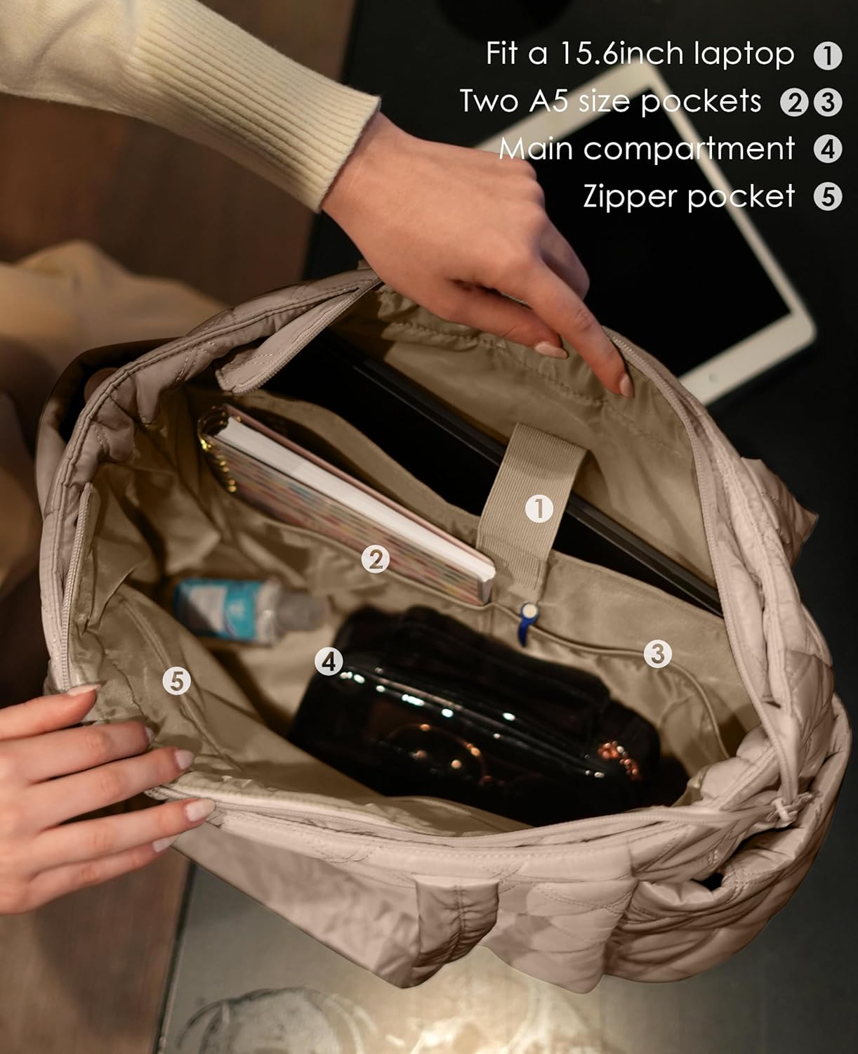 Tote Bag for Women, Lightweight Puffer Tote Work Bags with Compartments for Travel, Quilted Shoulder Bag with Zipper