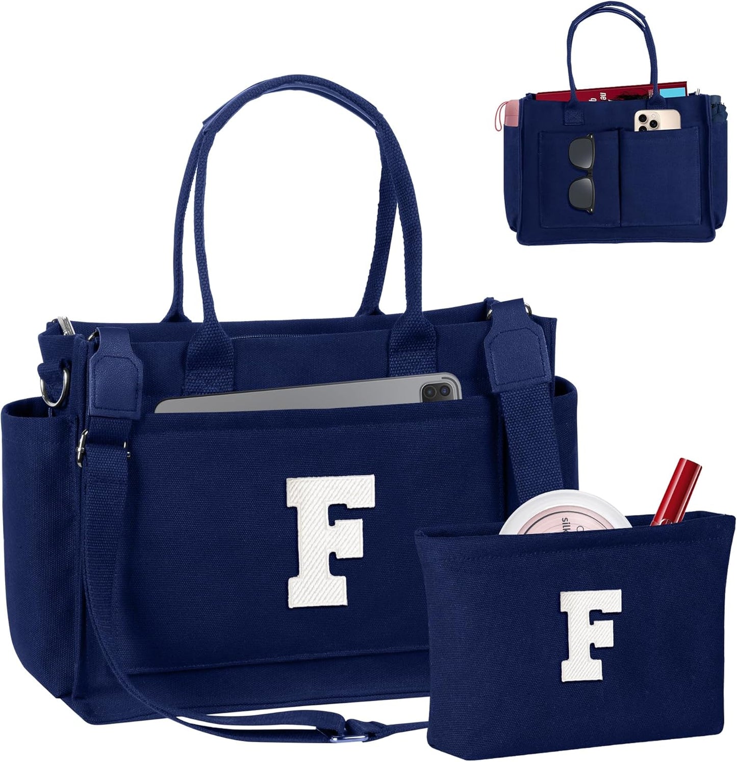 Gifts for Women Teen Girls, Initial Tote Bag with Zipper, Letter Canvas Tote Purse for College Work Laptop Beach
