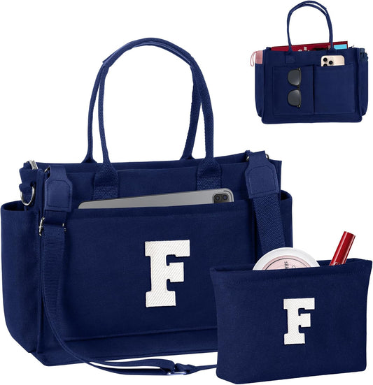 Gifts for Women Teen Girls, Initial Tote Bag with Zipper, Letter Canvas Tote Purse for College Work Laptop Beach