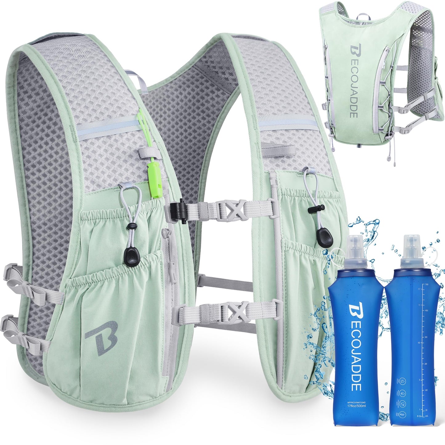 BECOJADDE Running Vest Hydration Backpack with Two 500ML Soft Water Bottles for Men Women, 5L