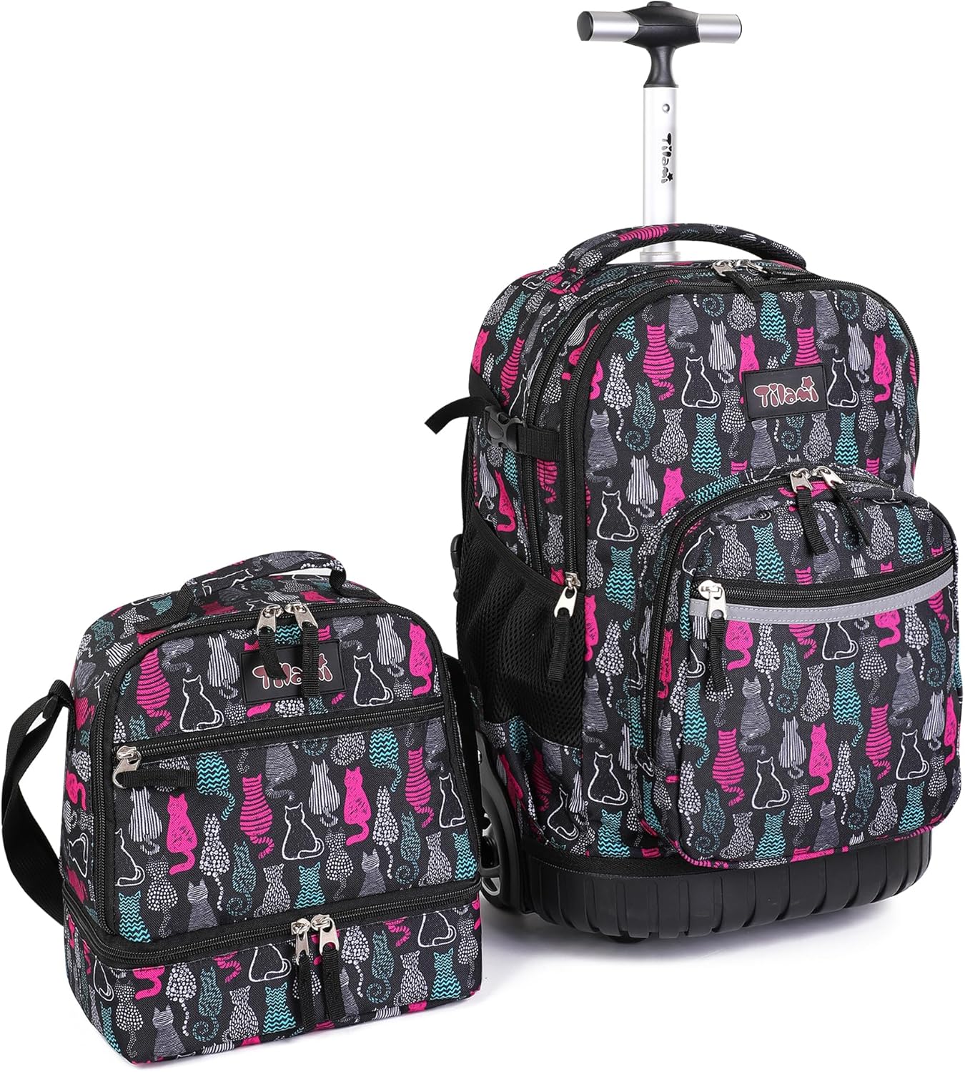Tilami Rolling Backpack 19 inch with Lunchbox Wheeled Laptop Backpack, Cat Black