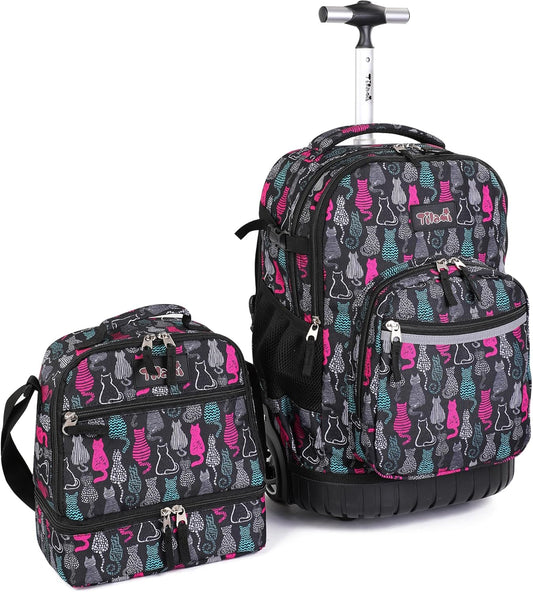 Tilami Rolling Backpack 19 inch with Lunchbox Wheeled Laptop Backpack, Cat Black
