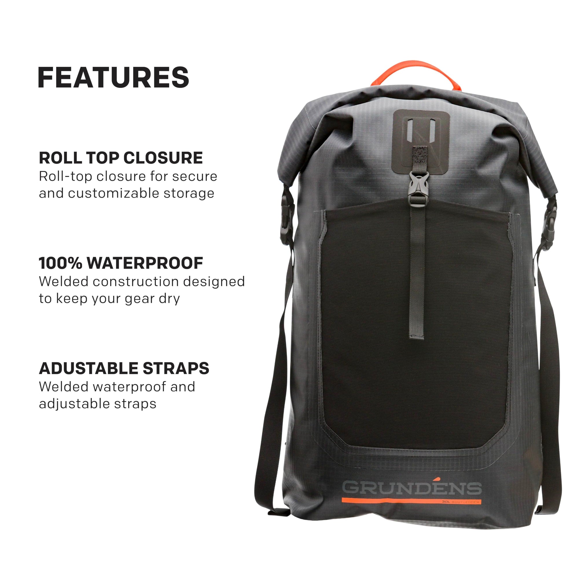 Grundéns Bootlegger Roll Top Backpack - Waterproof Pack, Black