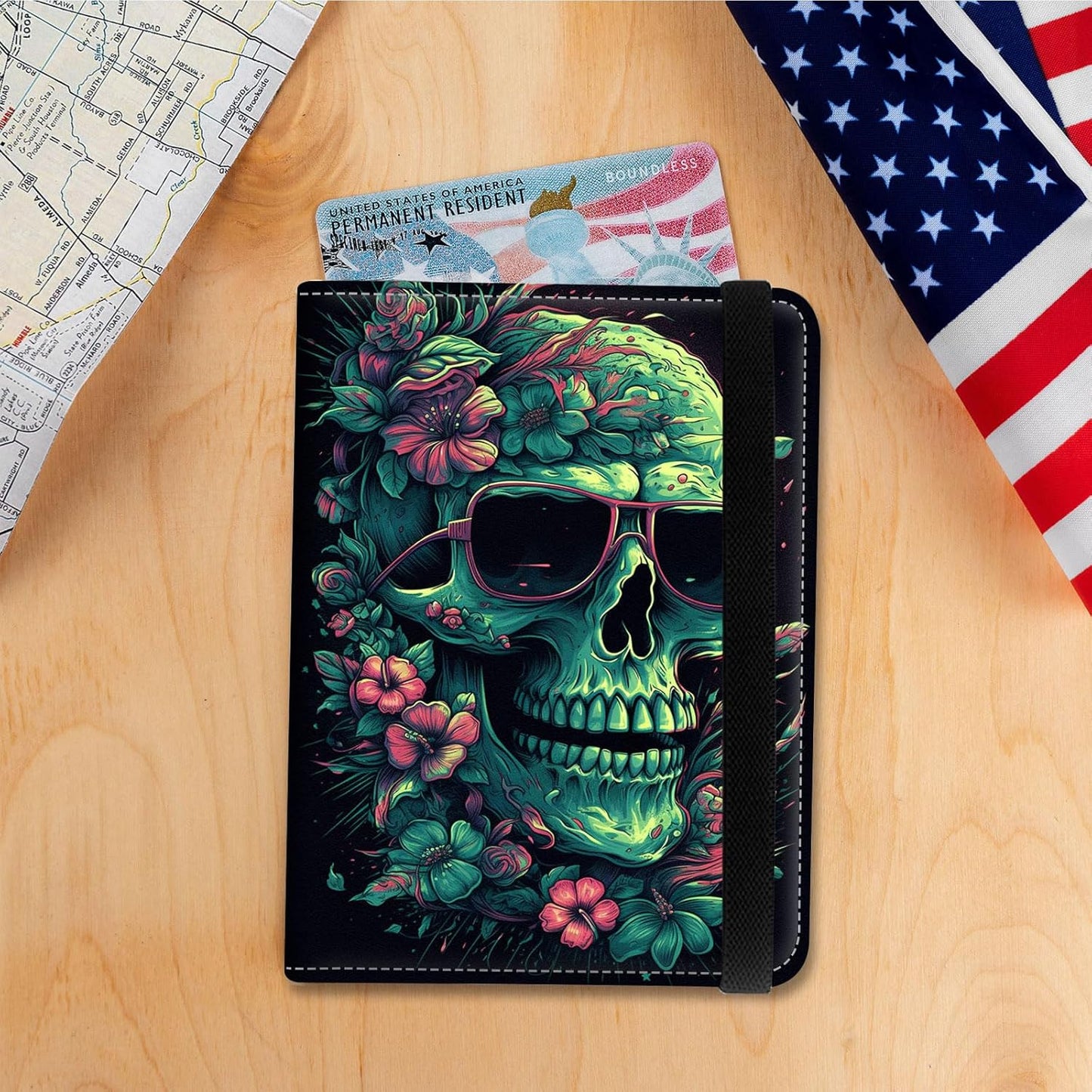Passport Holder Cover Wallet Travel Essentials RFID Blocking Case Leather Passport Cover Wallet Vaccine Card Slot Organizer for Men Women, Cool Skull