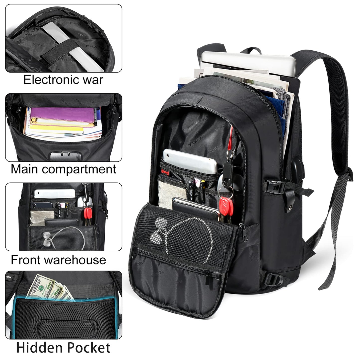 Tzowla 35 Liter Anti Theft Backpack with Giant Tumbler Holder Pocket and Lock,15.6 Inch Laptop