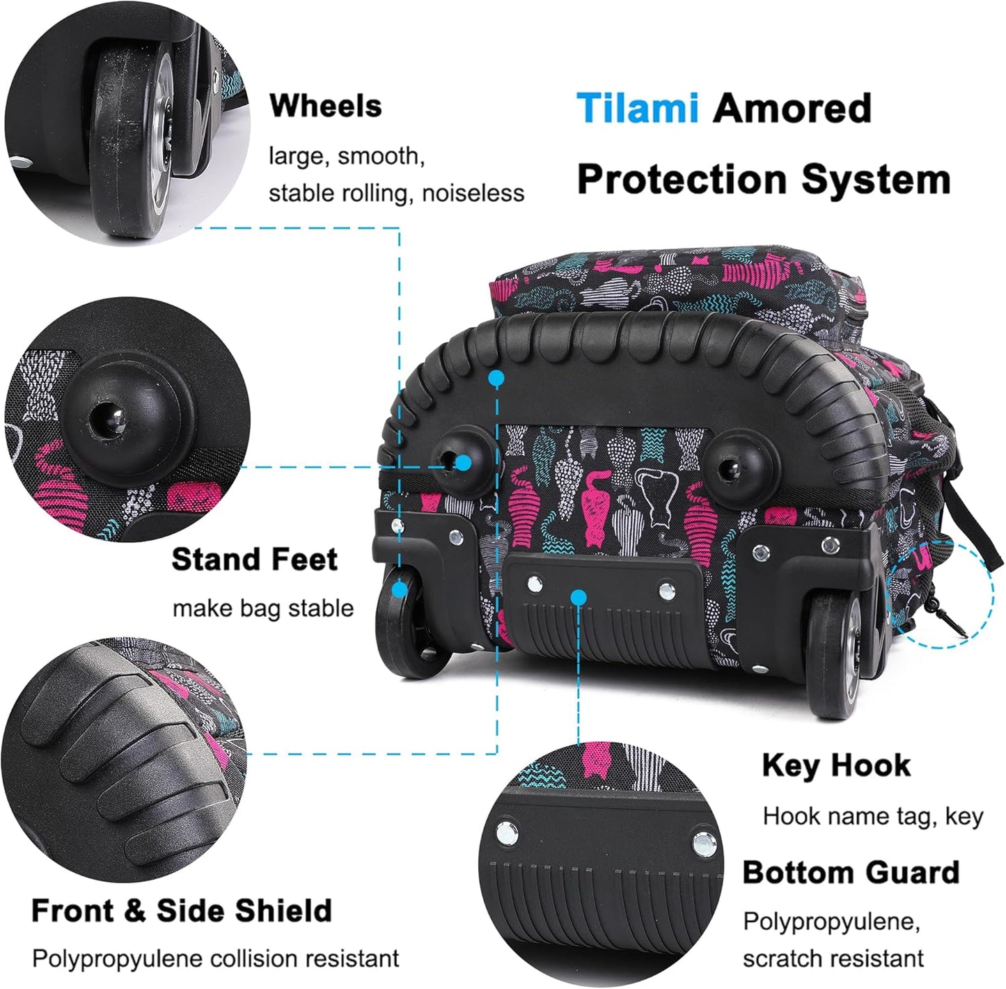 Tilami Rolling Backpack 19 inch with Lunchbox Wheeled Laptop Backpack, Cat Black