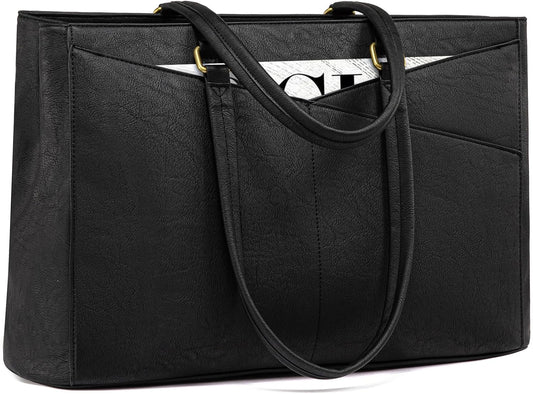LOVEVOOK Vintage Leather Work Tote - 17.3 Inch Laptop Bag for Women, Waterproof Business Bag, Retro Black