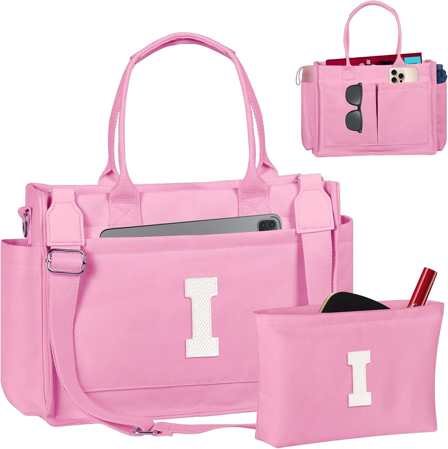 Gifts for Women Teen Girls, Initial Tote Bag with Zipper, Letter Canvas Tote Purse for College Work Laptop Beach