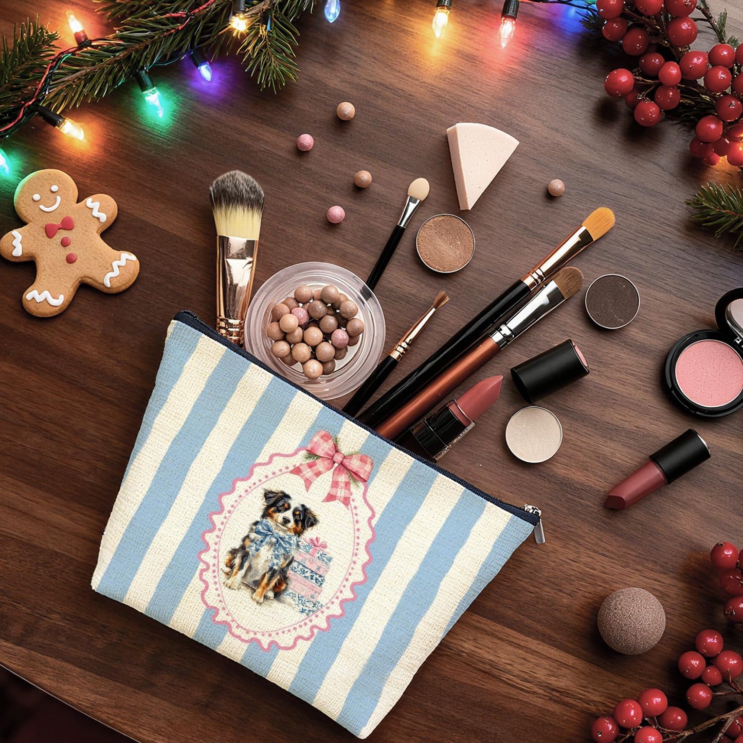Coquette Chinoiserie Christmas Australian Shepherd Makeup Bag Gifts for Women, Preppy Grandmillennial Aussie Dog Cosmetic Bag, Xmas Blue Striped Zipper Makeup Pouch Travel Toiletry Bag