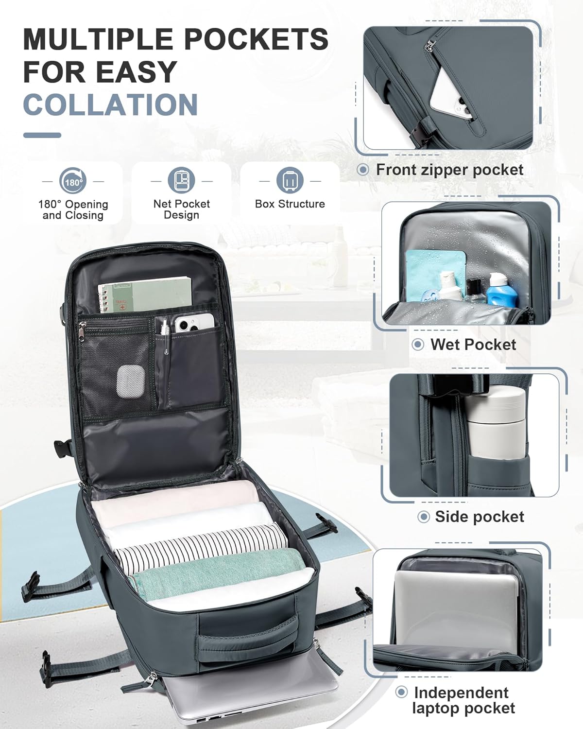 VGCUB Travel Backpack for Women Men for Spirit Airlines Personal Item Bag 18x14x8 Inches Laptop College Backpack,Waterproof Carry on Flight Approved Work Backpack Mochila de Viaje,Grey blue