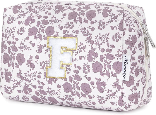 Narwey Birthday Gifts for Teen Girls Kids Women Personalized Initial Floral Makeup Bag Cute Cosmetic Trendy Stuff 6 8 10 11 12 13 14 16 18 Years Old Travel Toiletry Bag (Little Dusty Pink Flower F)
