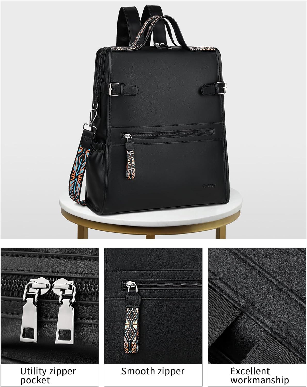 FADEON Leather Laptop Backpack for Women, Designer Ladies Work Travel Computer Backpack with Laptop Compartment Purse Black