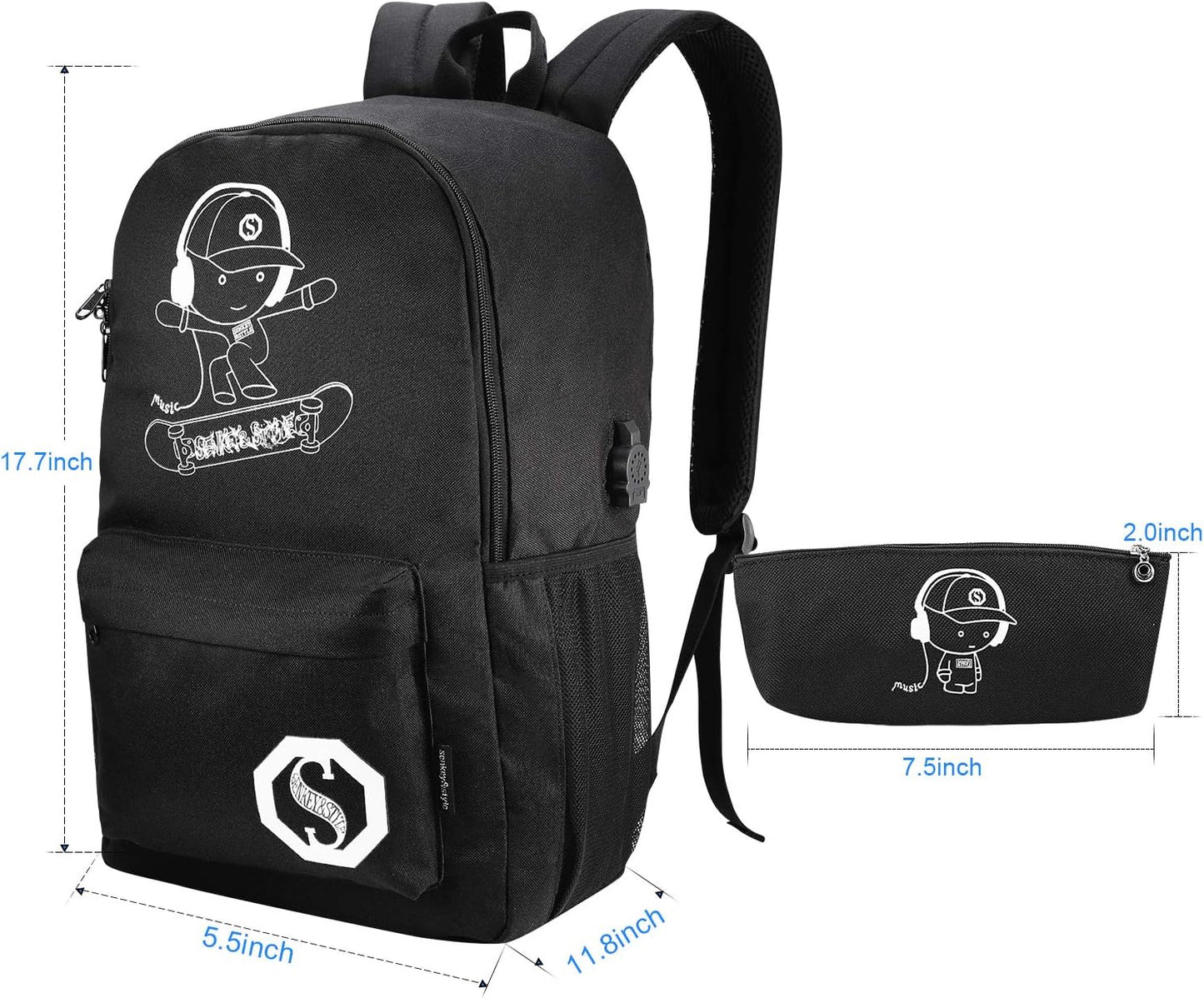School Backpack for Teen Boys, Skateboard Anime Luminous Backpack with USB Charging Port, Anti Theft Lock and Pencil Case, College School Bookbag Lightweight Laptop Bag, Black