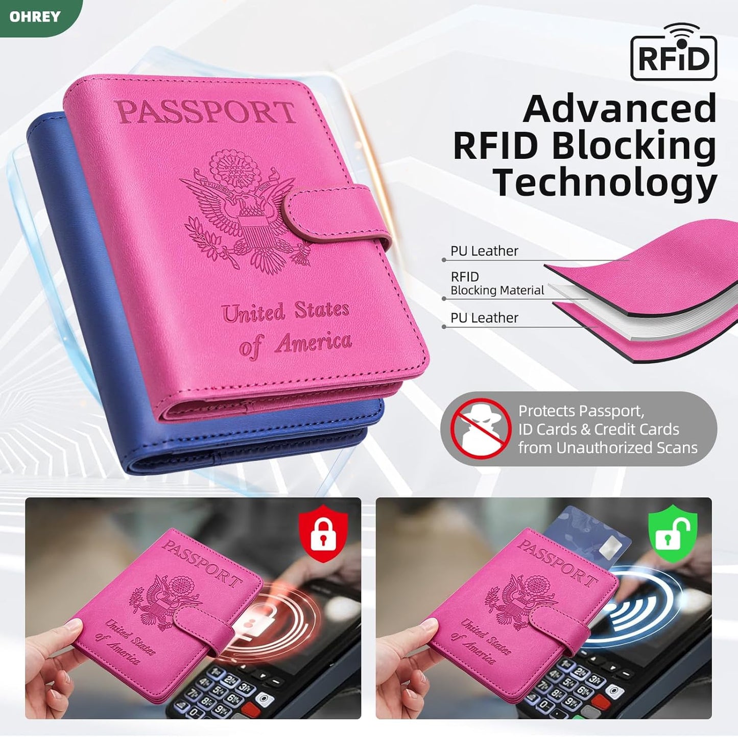 2 Pack Passport Holder for Travel with Luggage Tag Cover – RFID Blocking Passport Wallet Holder for Women & Men | PU Leather Passport Case with Money Pocket & Magnetic Clasp, Blue & Pink