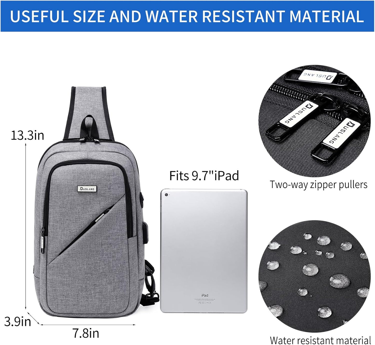 DUSLANG Crossbody Sling Backpacks for Men, Casual Shoulder Backpack Daypack Chest Bags with USB Charger Port For Camping Biking Travel Cycling