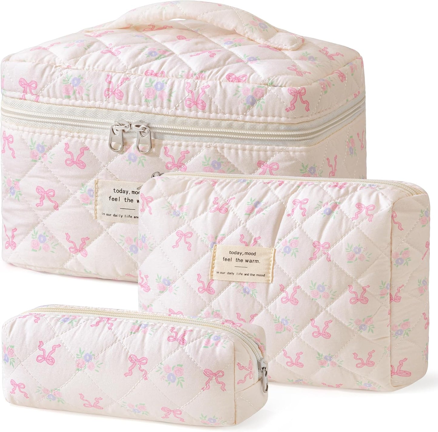HBselect Quilted Makeup Bag, 3PCS Cotton Large Travel Makeup Bag, Cute Floral Coquette Make up Bag Cosmetic Bag Toiletry Bag for Women Girls