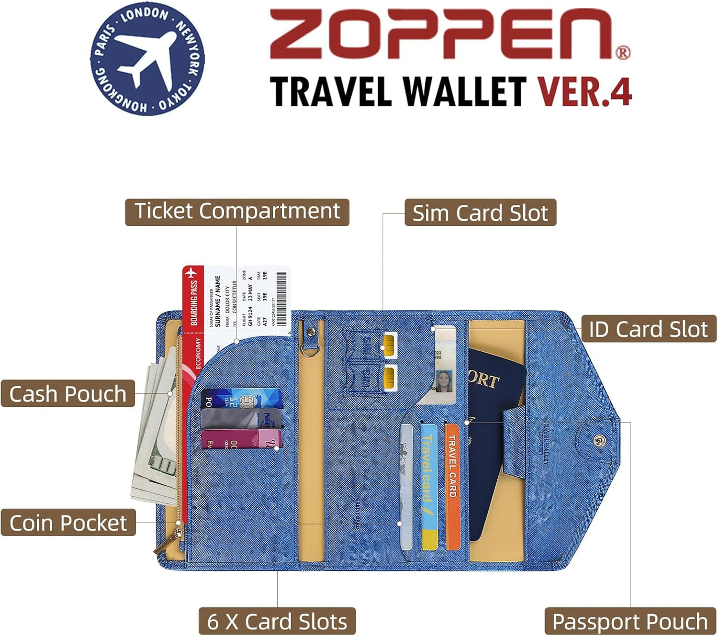 ZOPPEN Mulit-purpose Rfid Blocking Passport Holder Travel Wallet (Ver.4) Passport and Vaccine Card Holder ComboTri-fold Document Organizer Travel Essentials