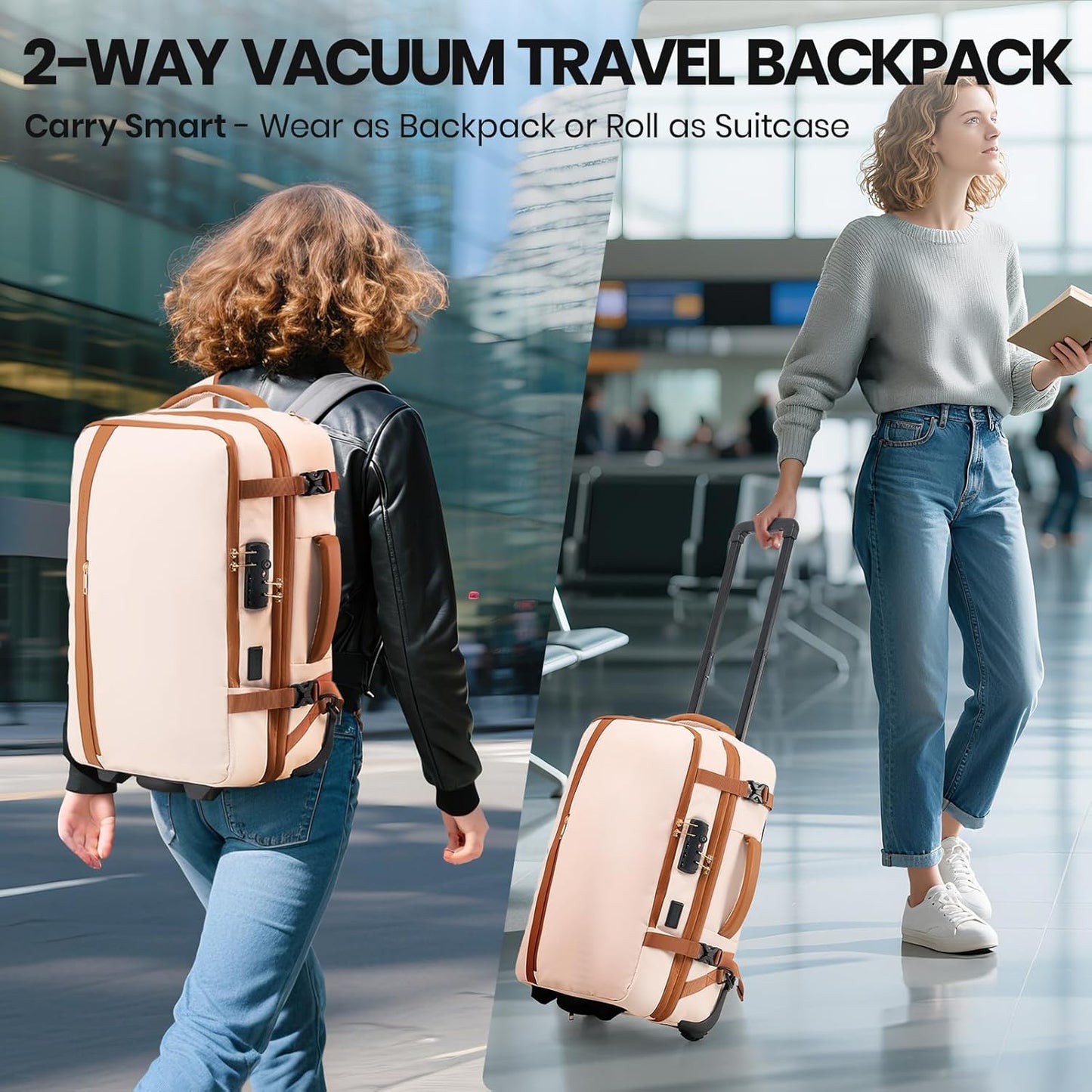 Fanwoli Vacuum Rolling Travel Backpack, Carry On Luggage with TSA Lock & Anti Theft Zipper, 70L Expandable Airback with Compression Pump, Waterproof Laptop Bag Ideal for Flight & Business