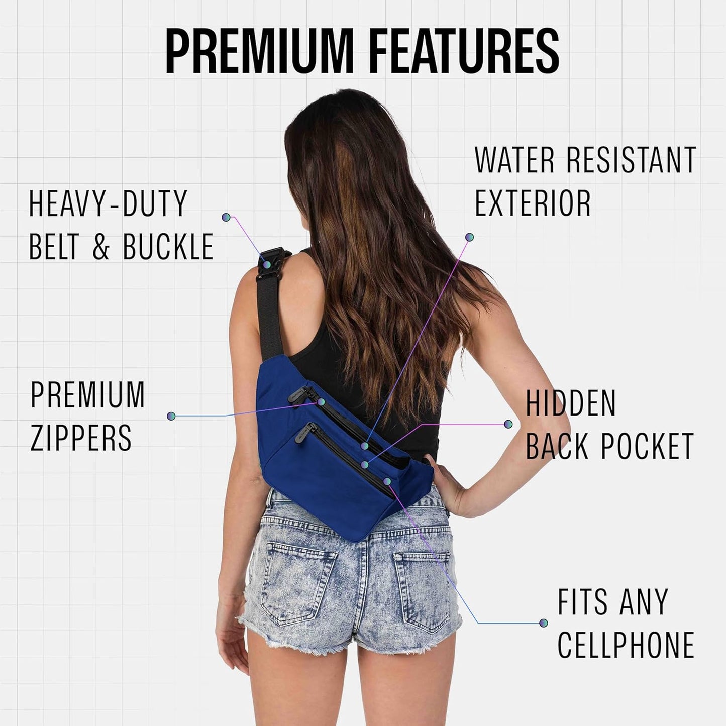 Dark Blue Fanny Pack Belt bag - Crossbody Waist Bag for Men or Women - Hands-Free, Waterproof Large Bumbag for Hiking, Running, and Travel
