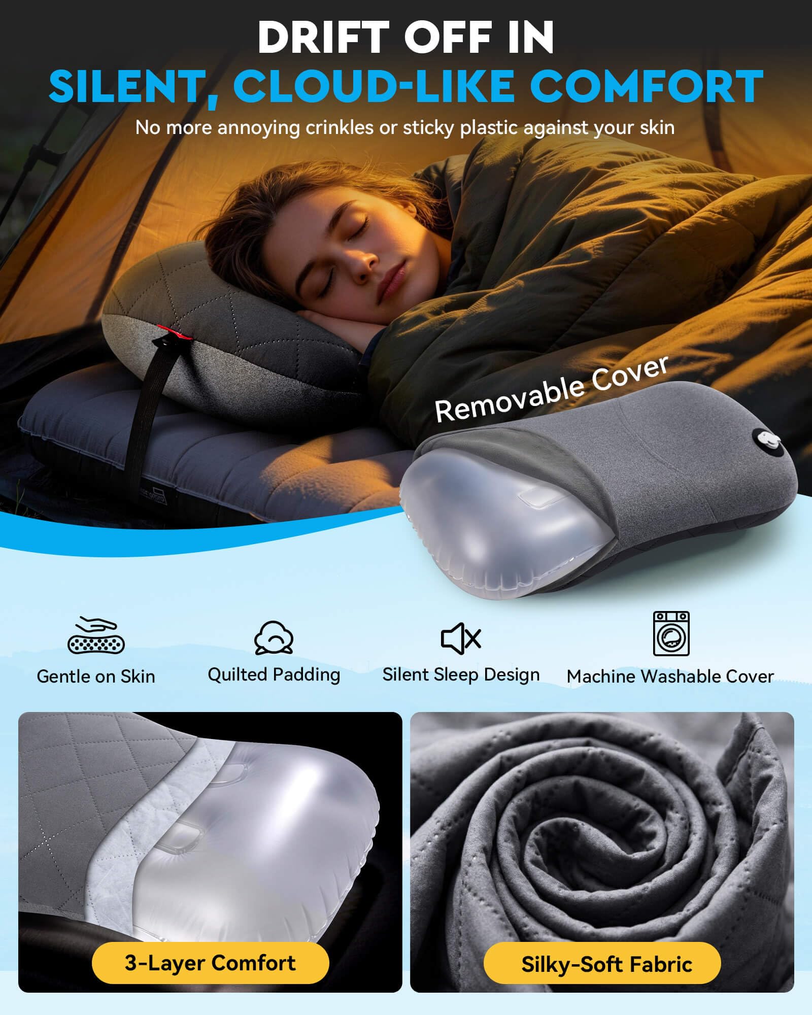 Hikenture Camping Pillow with Removable Cover, Ultralight Inflatable Pillow
