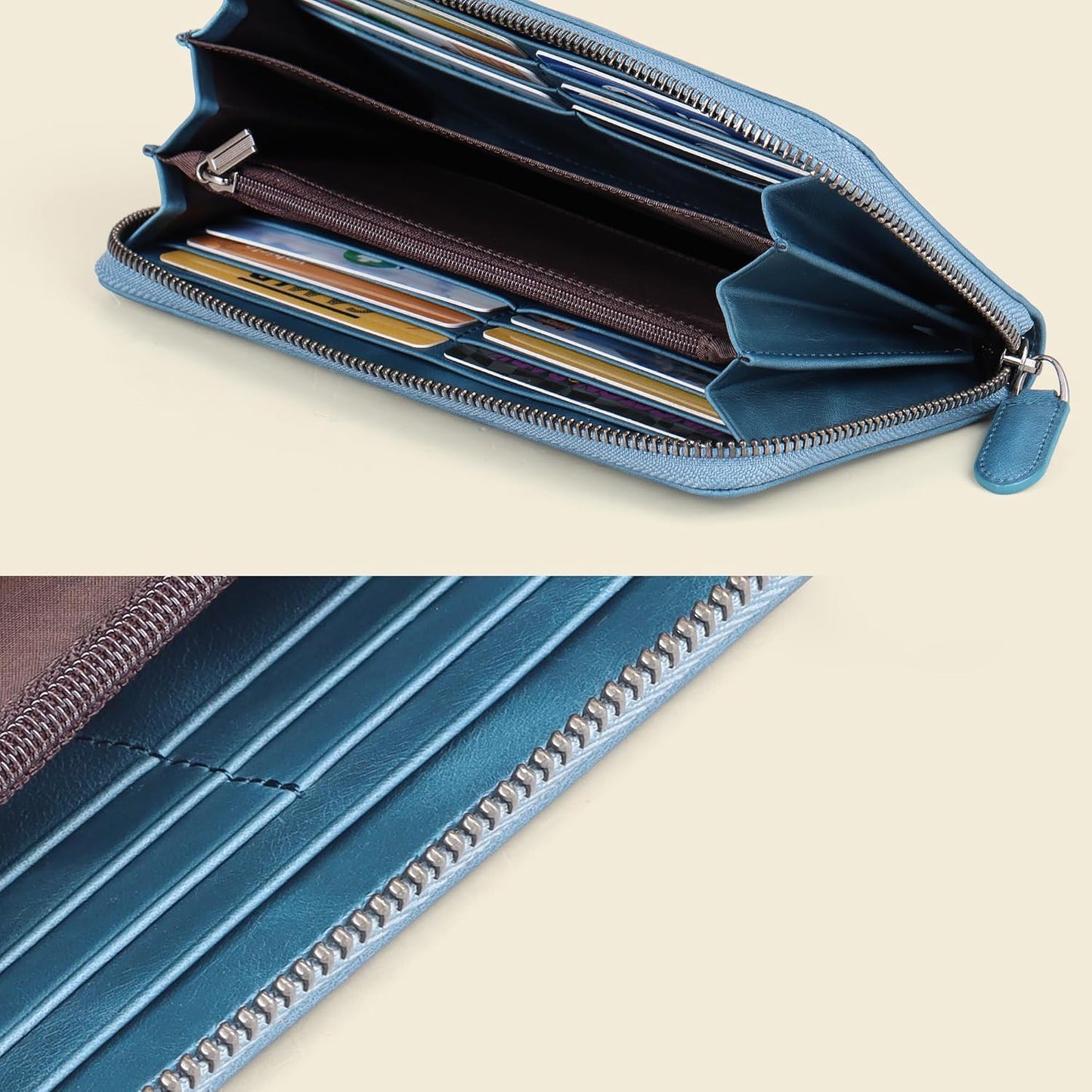 VISOUL Leather Long Zipper Pouch Wallet for Men and Women with RFID Blocking, Large Clutch Cash Long Wallet with Zipper (Navy Blue)