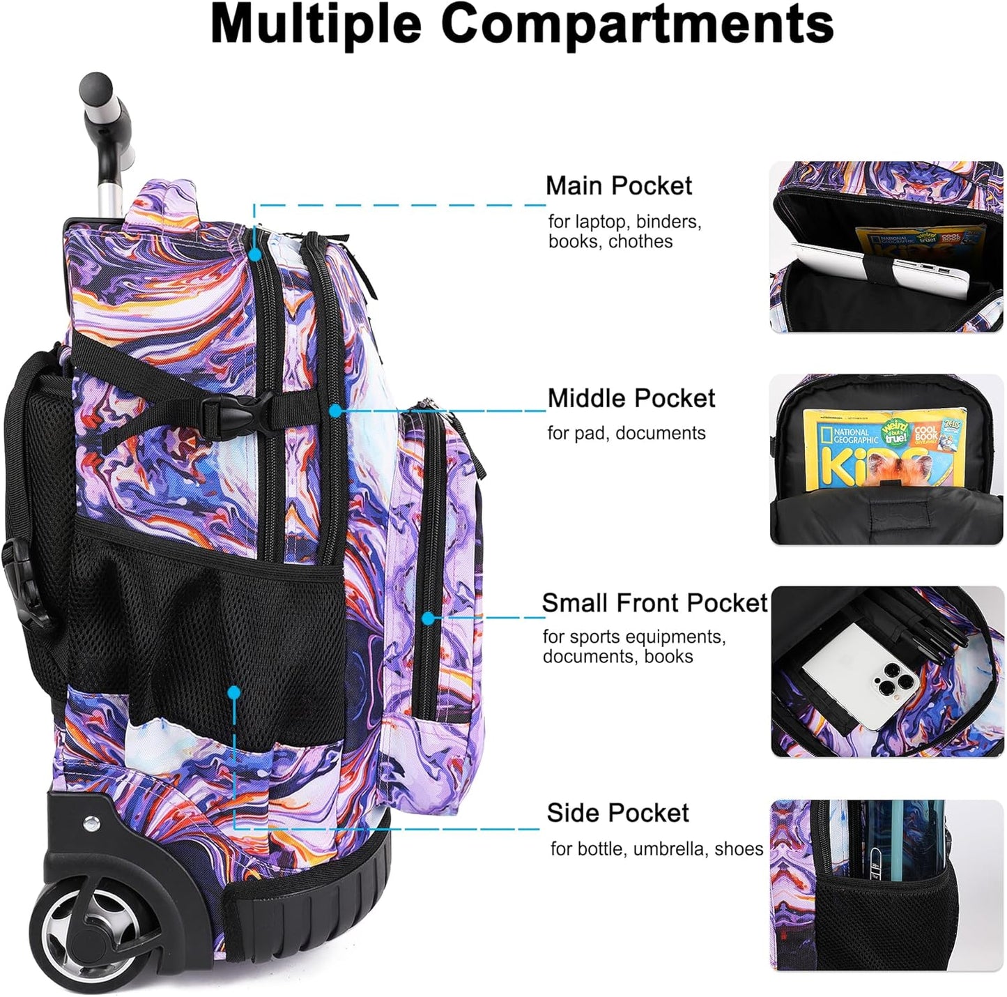 Tilami Rolling Backpack 19 inch with Lunchbox Wheeled Laptop Backpack, Painting Purple