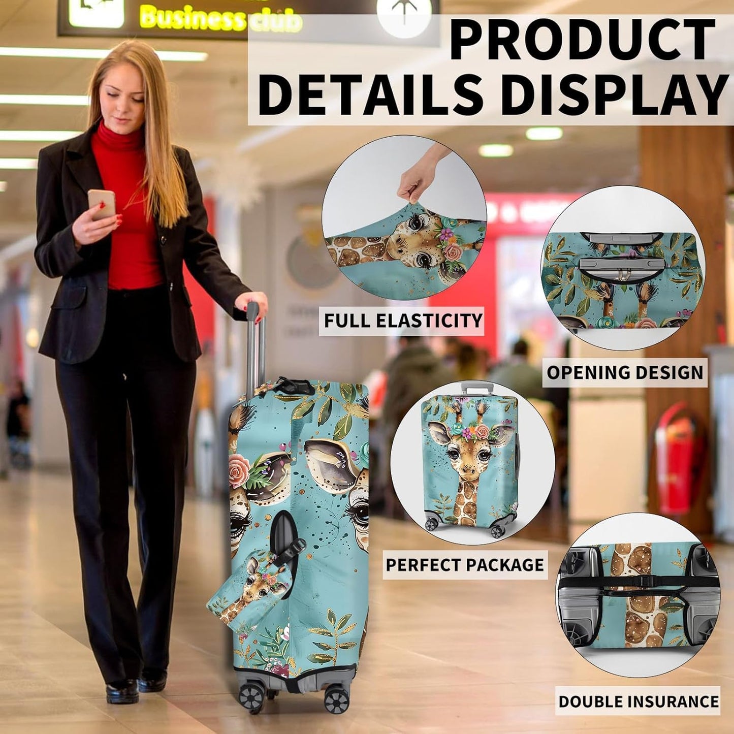 Travel Luggage Cover, Baby Girafee Flowers Theme Suitcase Cover Accessory Kit, Luggage Tag, Handle Wrap, Washable Zipper Close Luggage Suitcase Protector (S)