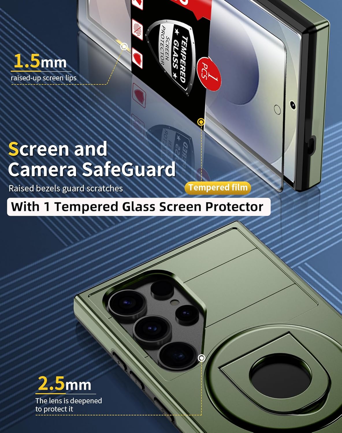 for Samsung Galaxy S25 Ultra Case Magnetic Compatible with MagSafe Wireless Charging,with 1 Screen Protector,Built-in 360° Kickstand Ring Anti-Scratch Shockproof Heavy Duty Protection Green