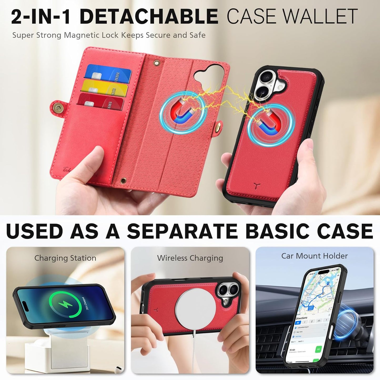 TUCCH Detachable Crossbody Wallet Case for iPhone 17 6.3", 9 Card Slots RFID Blocking | Stand | Lanyard | Wrist Strap | Wireless Charging | Zipper Pocket | PU Leather | Magnetic Flip Cover | Red