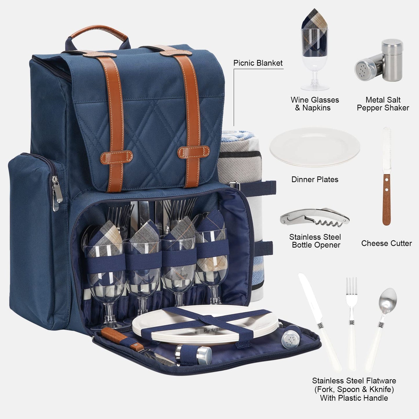 WICKERLAND Picnic Backpack for 4 Person w/Cooler & Waterproof Blanket,Blue