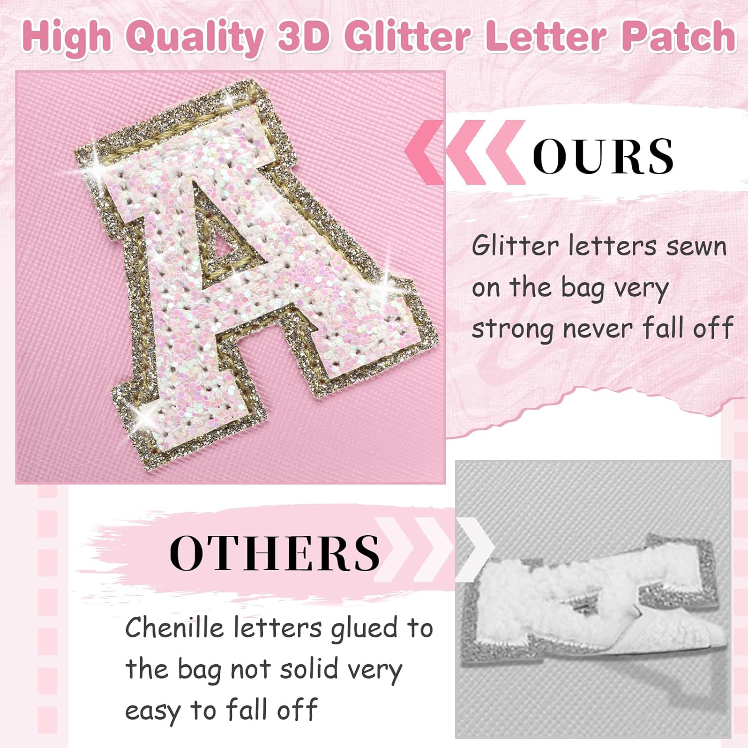 Small Personalized Initial A-Z Patch Makeup Bag,Pink Cute PU Leather Glitter Letter Cosmetic Bag