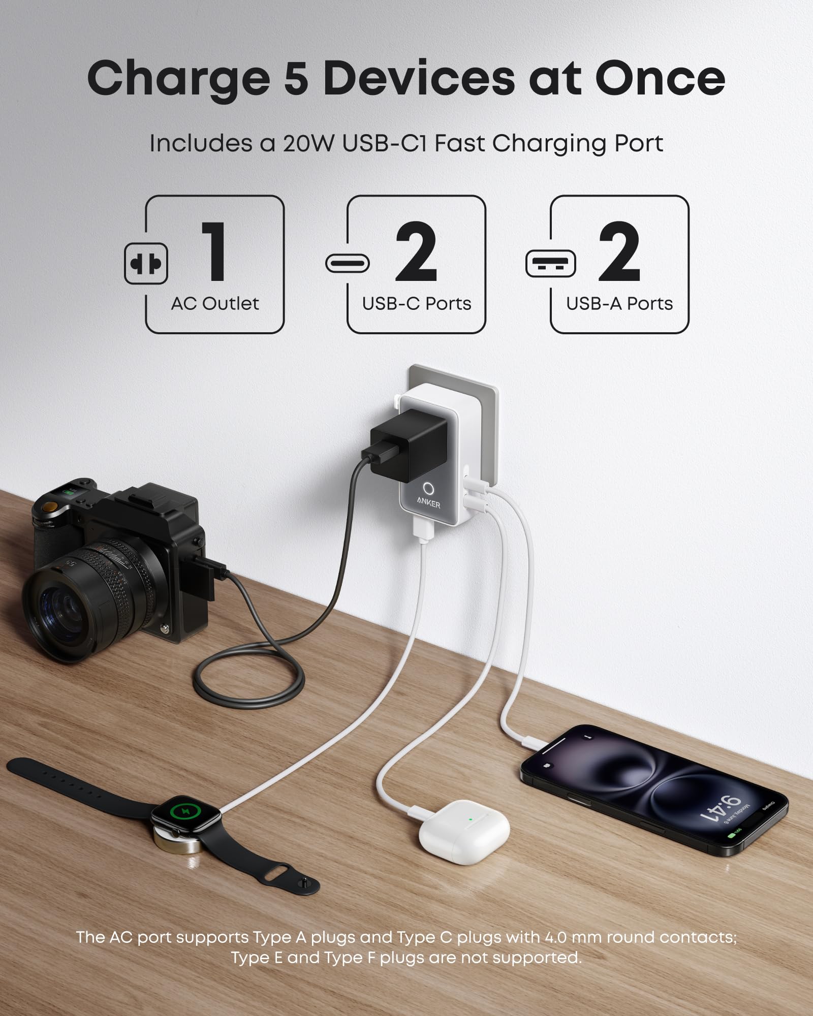 Anker Nano Travel Adapter, 2 USB C Universal Charger, 20W, 1× 2-Pin AC