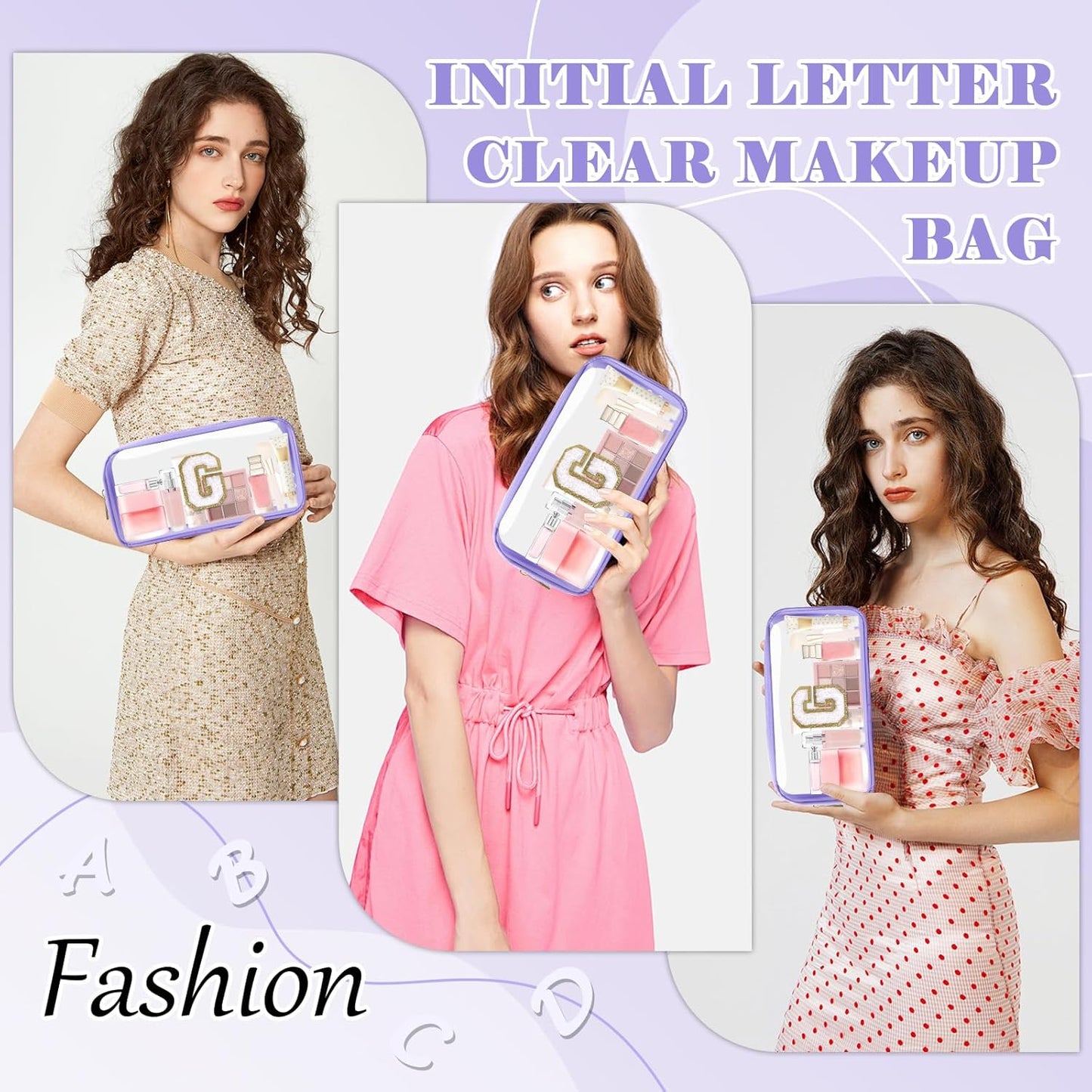Personalized Initial Letter Clear Makeup Bag,Preppy Small Nylon&PVC Cosmetic Zipper Bag with Chenille Letter,Travel Skincare Toiletry Bag,Monogram Christmas Gift for Teen Girls Women,G