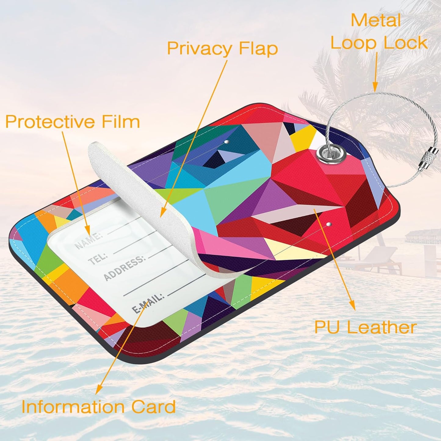 3 Pack Luggage Tags for suitcases Colorful Geometric Leather Luggage Tag, Identifiers with Privacy Name ID Label and Metal Loop for Men Women Travel Bag Suitcase