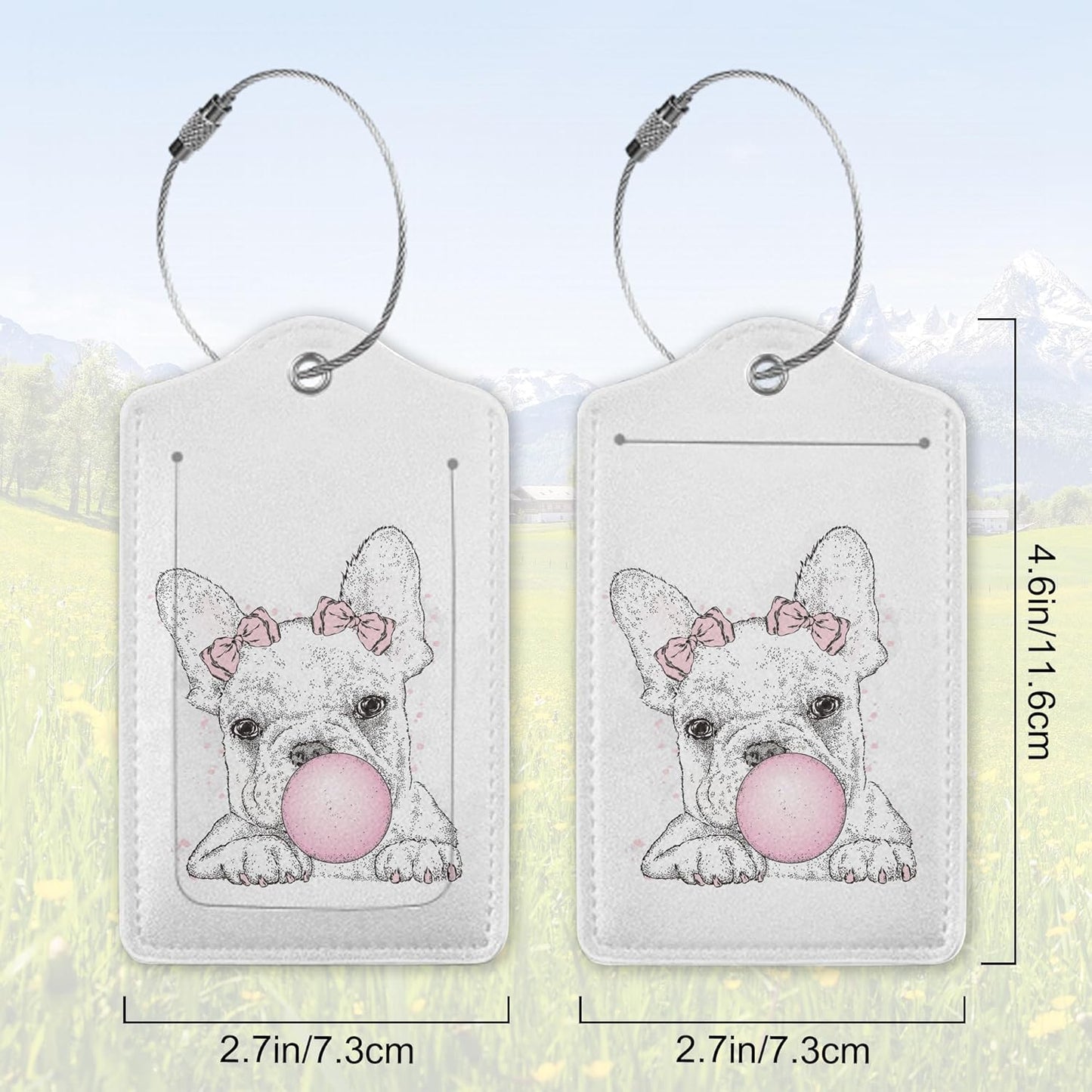 2 Pack Leather Luggage Tag for Suitcase French Bulldog Cute Dog Unique Travel Tags with Privacy Cover ID Label & Stainless Steel Loop for Men and Women Baggage